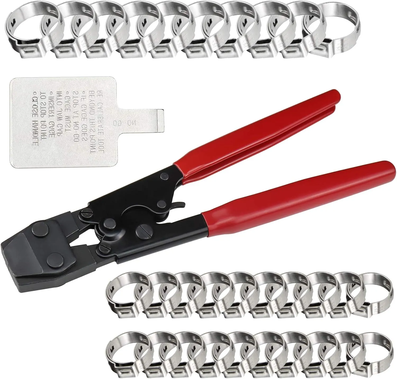 Beaquicy PEX Clamp Cinch Tool Crimping Tool - Include 1 PEX Clamp Cinch Tool Crimping Tool, 20pcs 1/2-inch Stainless Steel Clamps, 10pcs 3/4-inch Stainless Steel Clamps