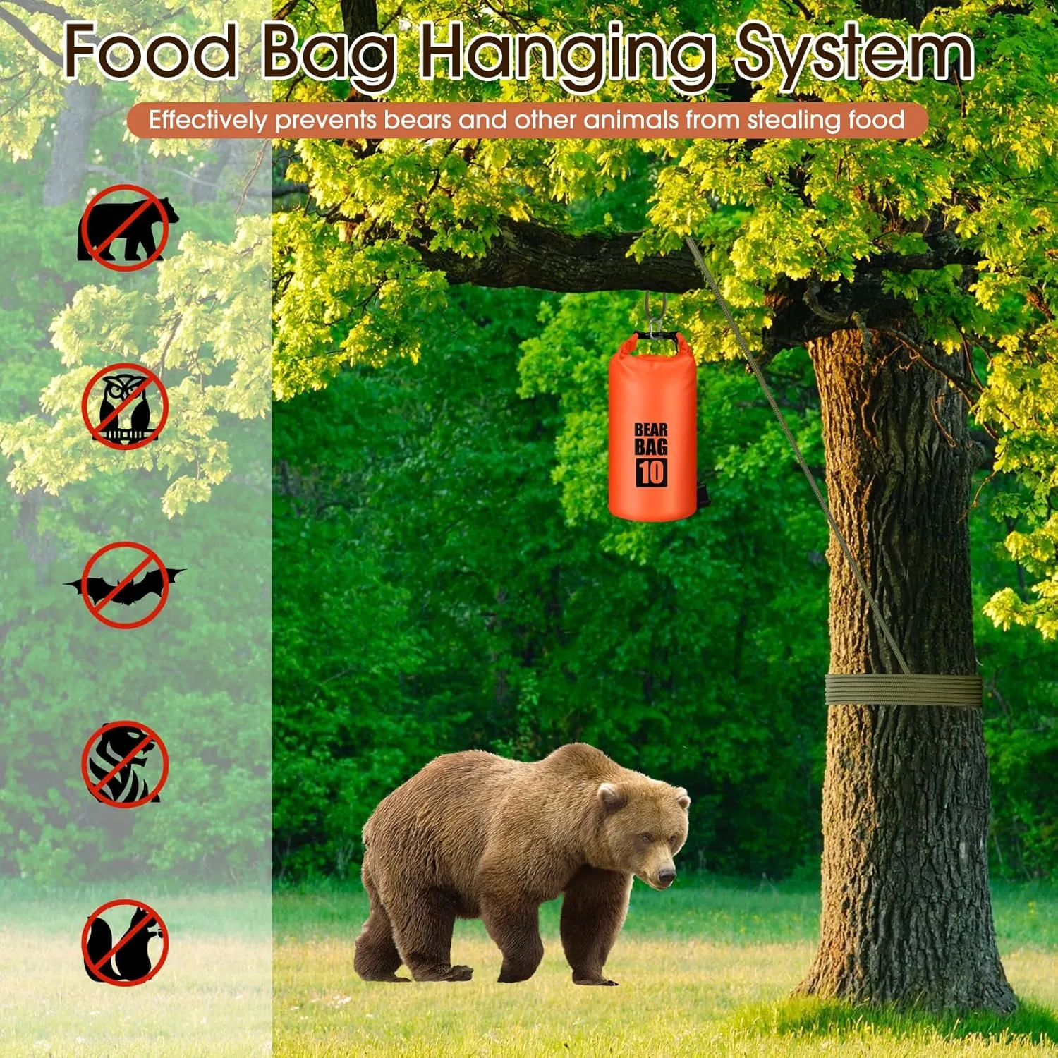 Bear Food Bag Hanging System, Bear Bags for Food Backpacking, Ultralight 10L Waterproof Camping Bear Proof Food Storage Canister Pulley System with Paracord, Carabiner, Throw Bag