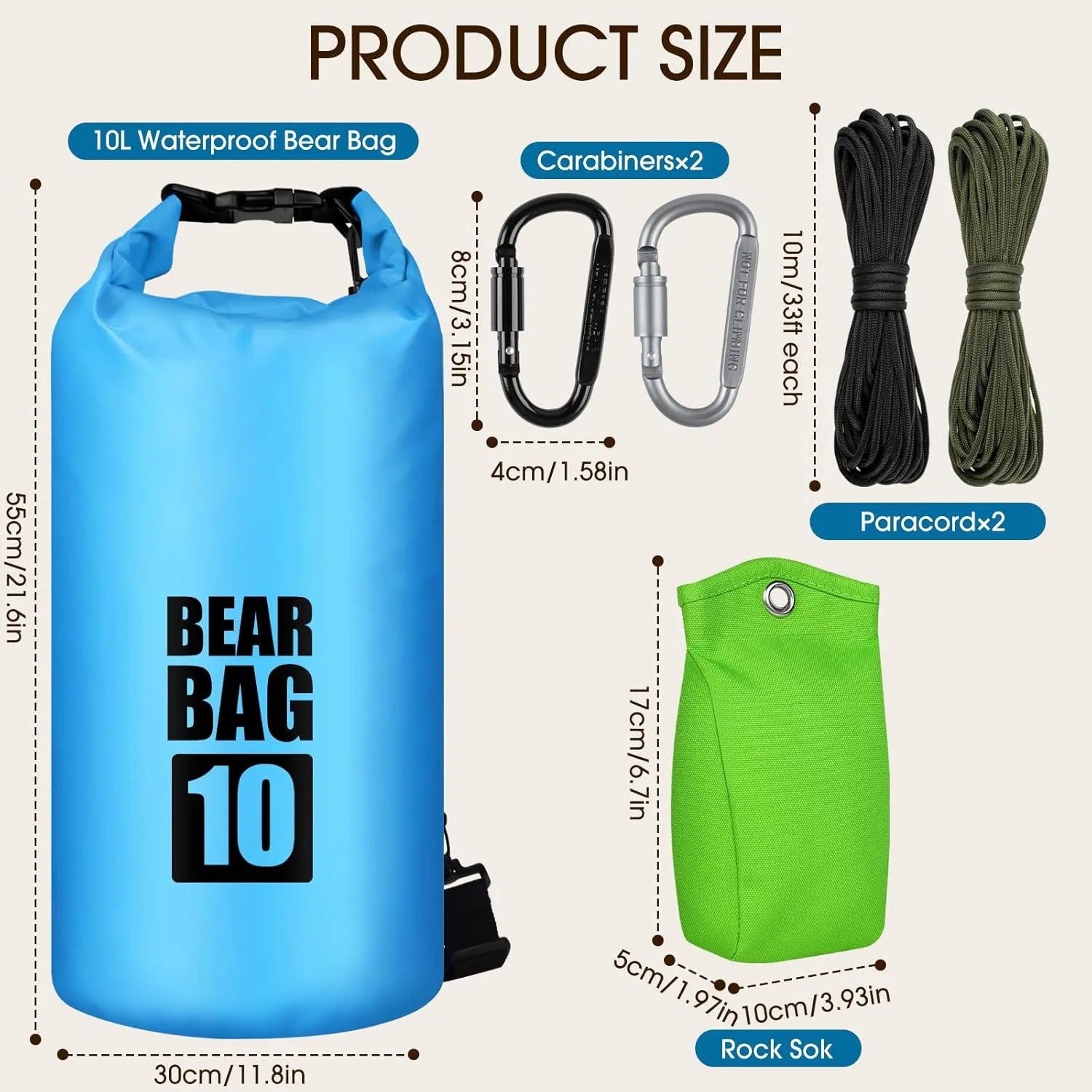 Bear Food Bag Hanging System, Bear Bags for Food Backpacking, Ultralight 10L Waterproof Camping Bear Proof Food Storage Canister Pulley System with Paracord, Carabiner, Throw Bag