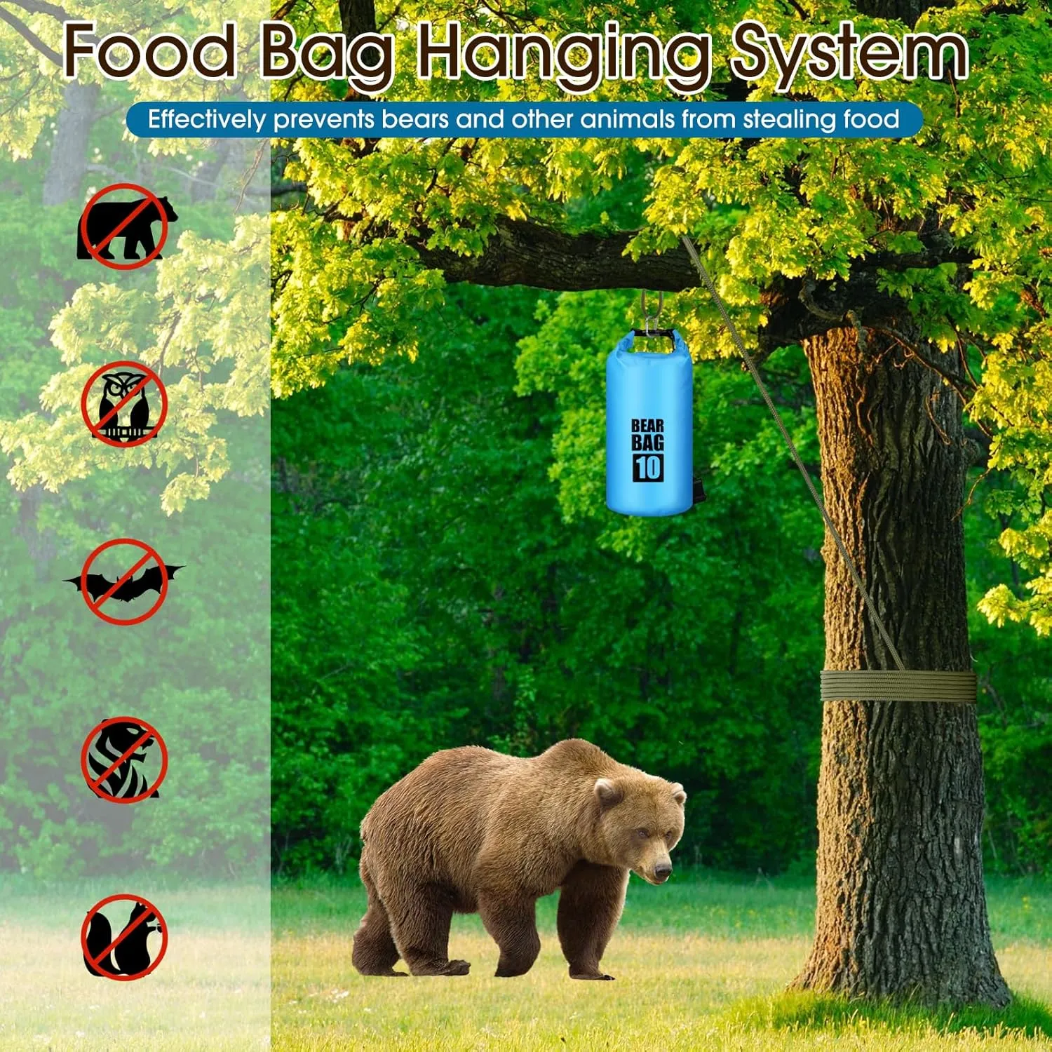 Bear Food Bag Hanging System, Bear Bags for Food Backpacking, Ultralight 10L Waterproof Camping Bear Proof Food Storage Canister Pulley System with Paracord, Carabiner, Throw Bag