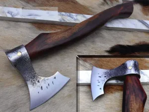 Bearded Hiking Battle Axe 15 Inches Long Hand Forg High Carbon Steel Tomahawk Axe with Rose Wood Round Handle, Thick Cow Hide Leather Sheath