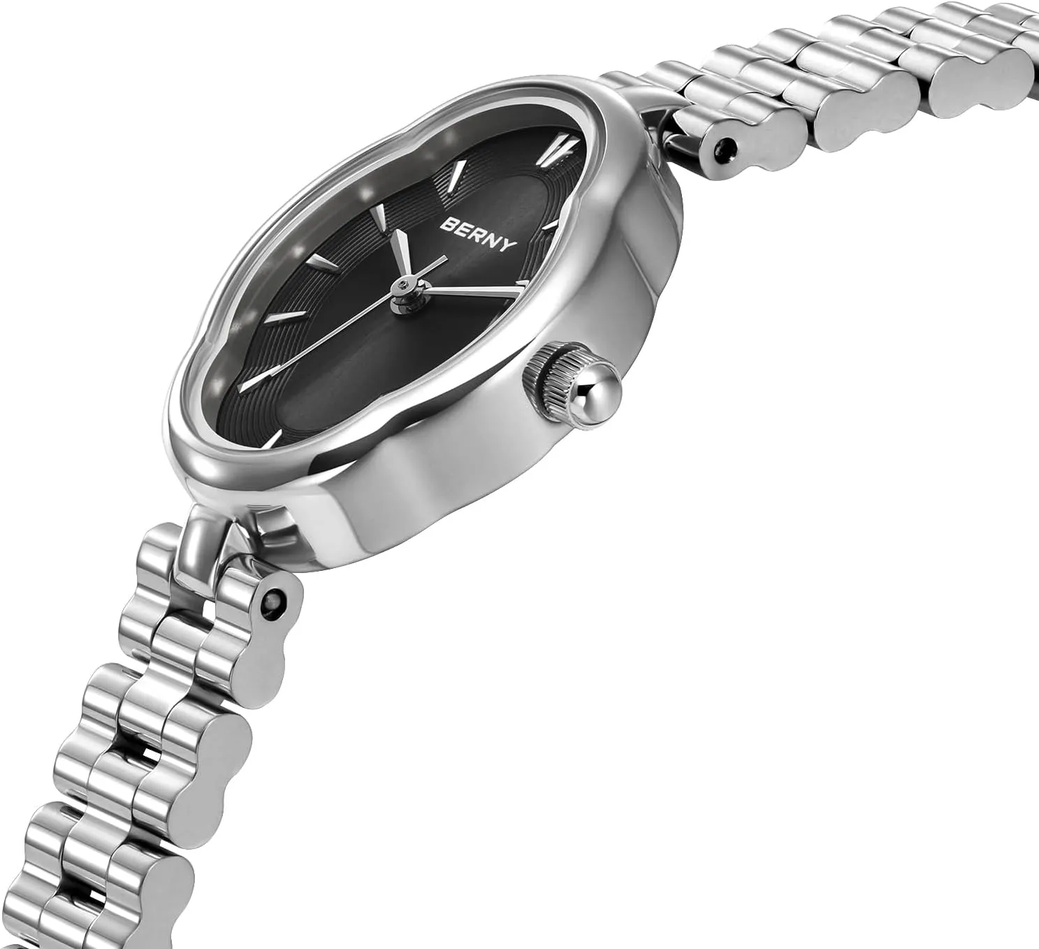 BERNY Silver Watches for Women Dainty Ladies Wristwatch Vintage Copper Mirrors Shape Japanese Quartz Movement 3ATM Waterproof All Stainless Steel Fashion Female Wrist Watch Birthday Gifts