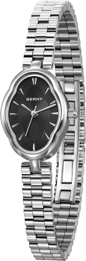 BERNY Silver Watches for Women Dainty Ladies Wristwatch Vintage Copper Mirrors Shape Japanese Quartz Movement 3ATM Waterproof All Stainless Steel Fashion Female Wrist Watch Birthday Gifts