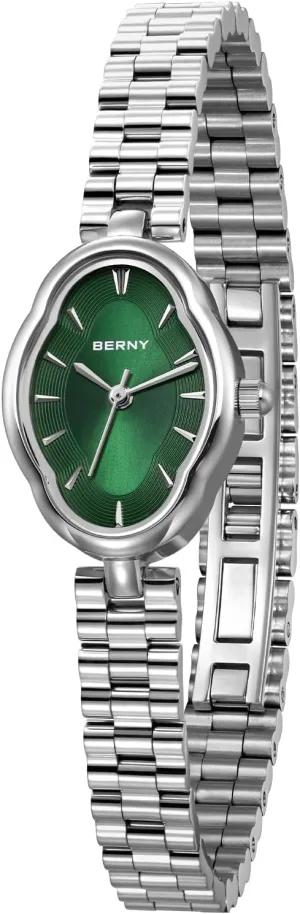 BERNY Silver Watches for Women Dainty Ladies Wristwatch Vintage Copper Mirrors Shape Japanese Quartz Movement 3ATM Waterproof All Stainless Steel Fashion Female Wrist Watch Birthday Gifts