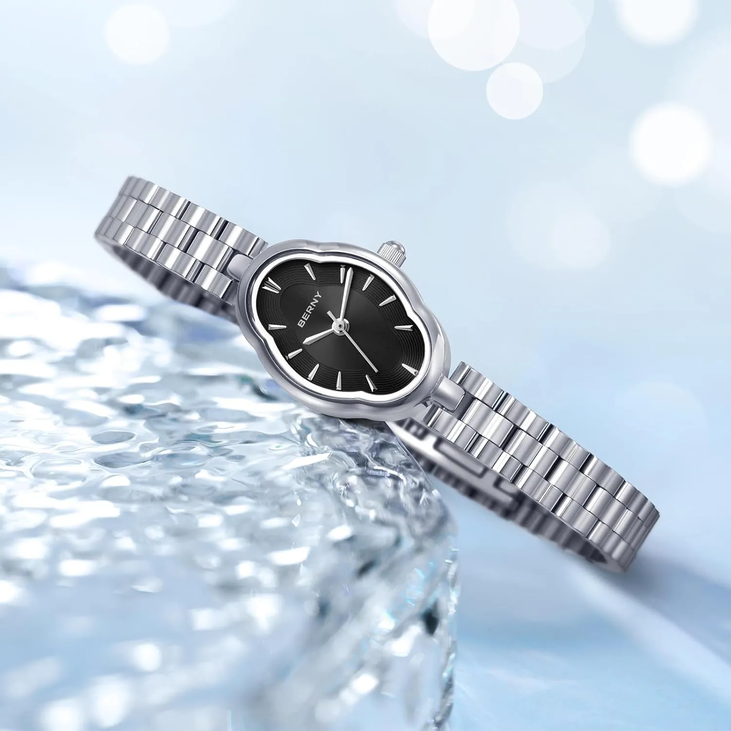 BERNY Silver Watches for Women Dainty Ladies Wristwatch Vintage Copper Mirrors Shape Japanese Quartz Movement 3ATM Waterproof All Stainless Steel Fashion Female Wrist Watch Birthday Gifts