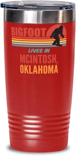 Bigfoot, Bigfoot Lives In McIntosh Oklahoma Coffee Tumbler 20oz, Red