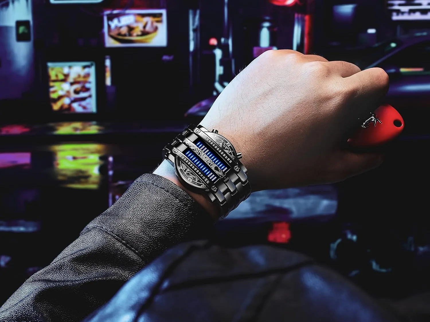 Binary Matrix Blue LED Digital Watch Mens Classic Creative Fashion Black Plated Wrist Watches