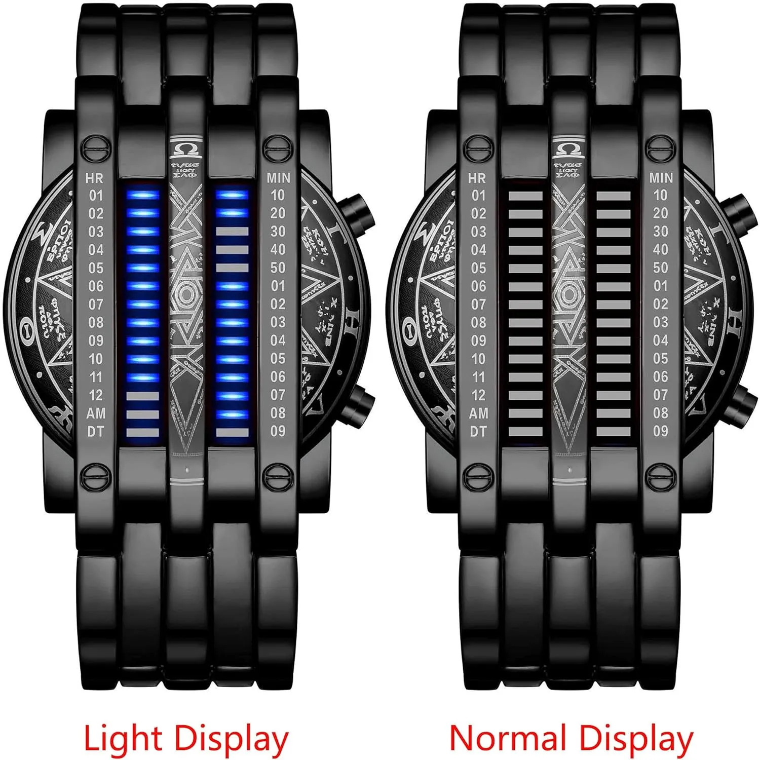 Binary Matrix Blue LED Digital Watch Mens Classic Creative Fashion Black Plated Wrist Watches