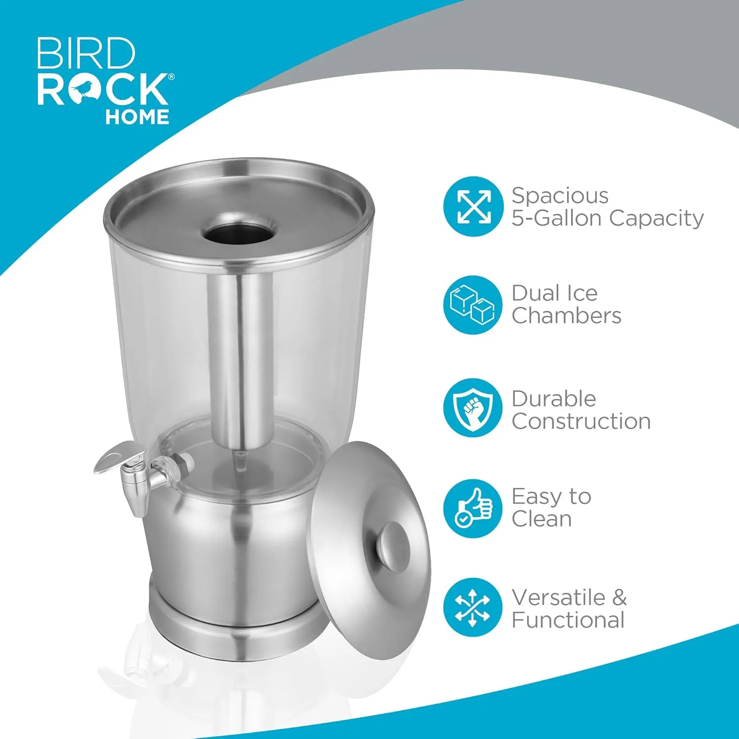 BirdRock Home 5 Gallon Stainless Steel Beverage Dispenser with Ice Container, Spigot - Round - Lemonade Sangria Tea Water Drink Jar Jug - Home Parties - BPA Free Clear Acrylic