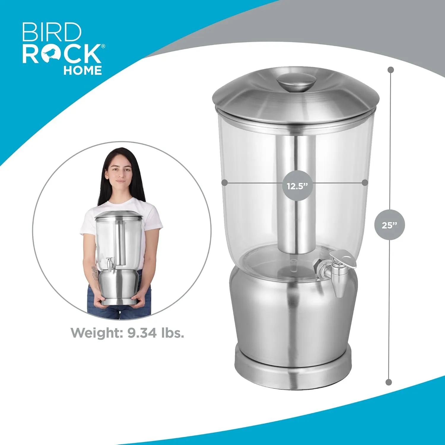BirdRock Home 5 Gallon Stainless Steel Beverage Dispenser with Ice Container, Spigot - Round - Lemonade Sangria Tea Water Drink Jar Jug - Home Parties - BPA Free Clear Acrylic