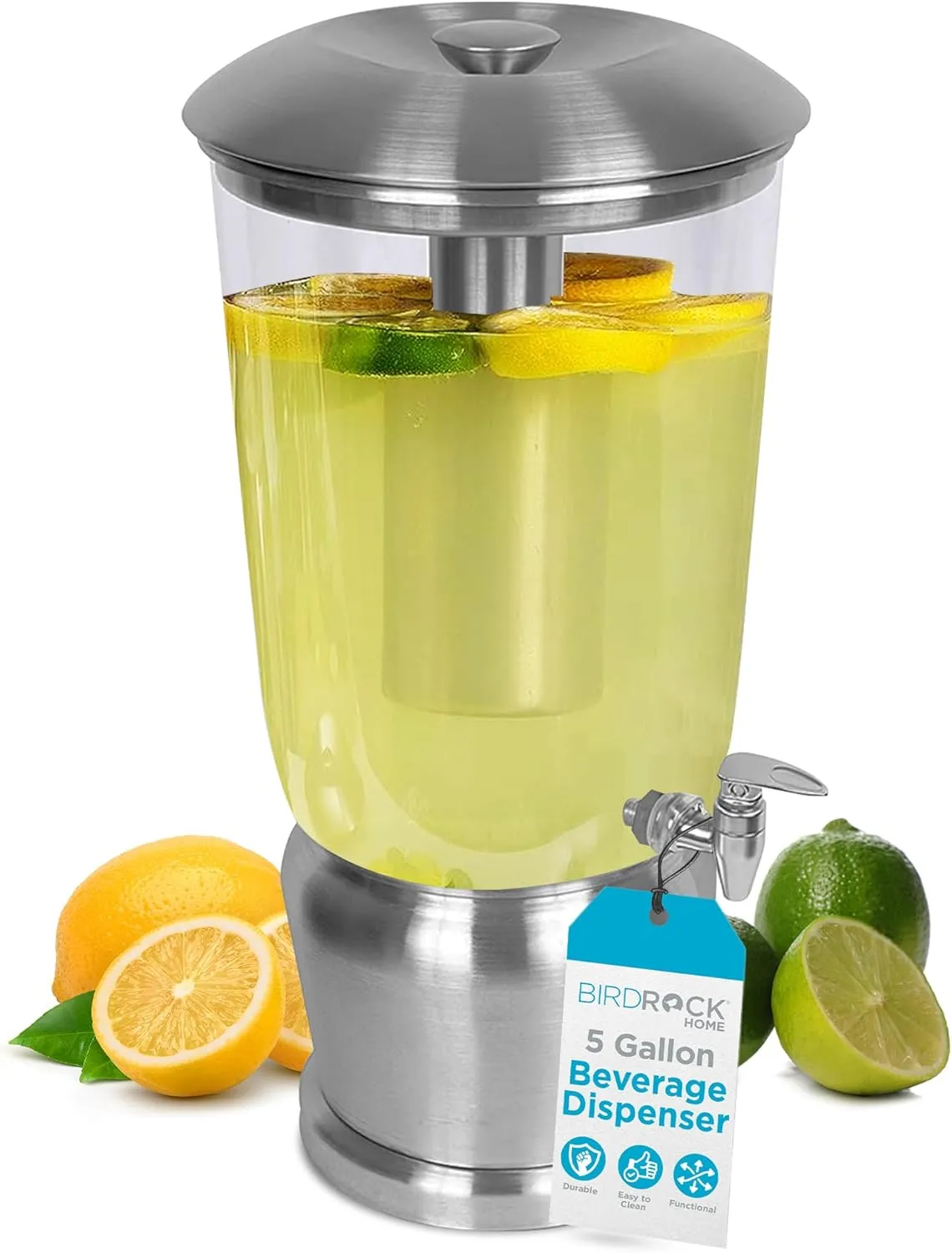 BirdRock Home 5 Gallon Stainless Steel Beverage Dispenser with Ice Container, Spigot - Round - Lemonade Sangria Tea Water Drink Jar Jug - Home Parties - BPA Free Clear Acrylic