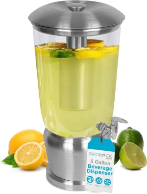 BirdRock Home 5 Gallon Stainless Steel Beverage Dispenser with Ice Container, Spigot - Round - Lemonade Sangria Tea Water Drink Jar Jug - Home Parties - BPA Free Clear Acrylic