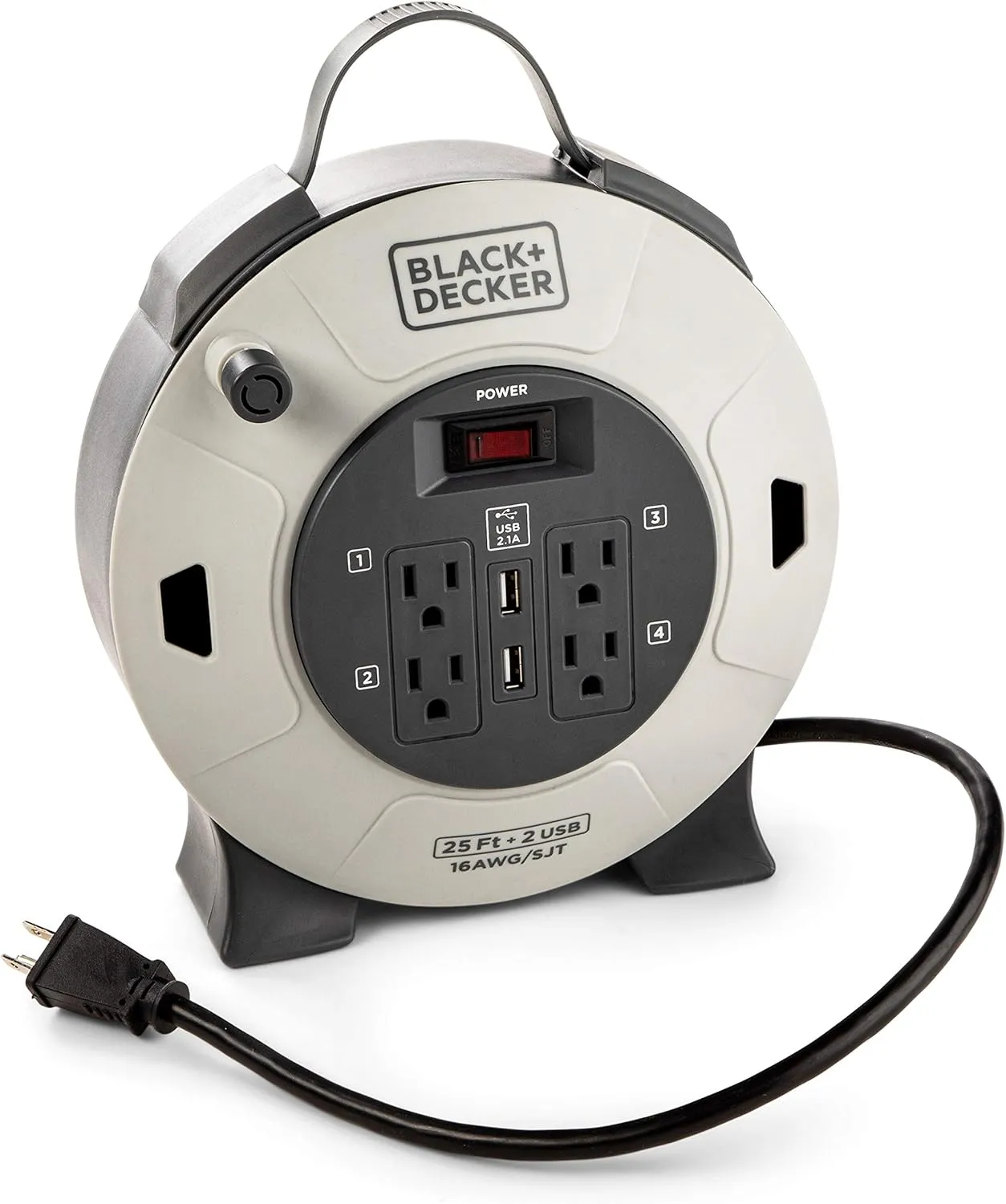 BLACK DECKER 25 Ft. Retractable Extension Cord Reel with 4 Outlets, 2 USB Ports, Multi-Plug Extension, On/Off Switch & Heavy-Duty 16AWG SJT Cable