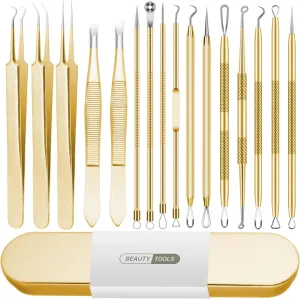 Blackhead Remover Tool, 16 PCS Pimple Popper Tool Kit, Tweezers Set for Eyebrows Hair Removal Pimple Blemish Acne Comedones Extractor Whitehead Cyst Removal Tool, for Nose Face Beauty Tools (Golden)
