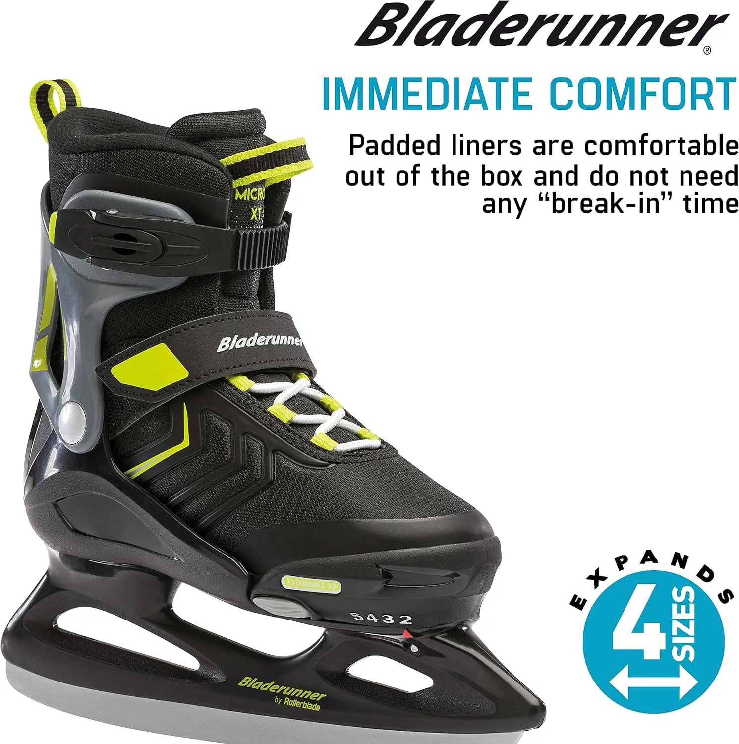 Bladerunner Ice by Rollerblade Micro Ice XT, Junior, Adjustable, Black and Lime, Ice Skates