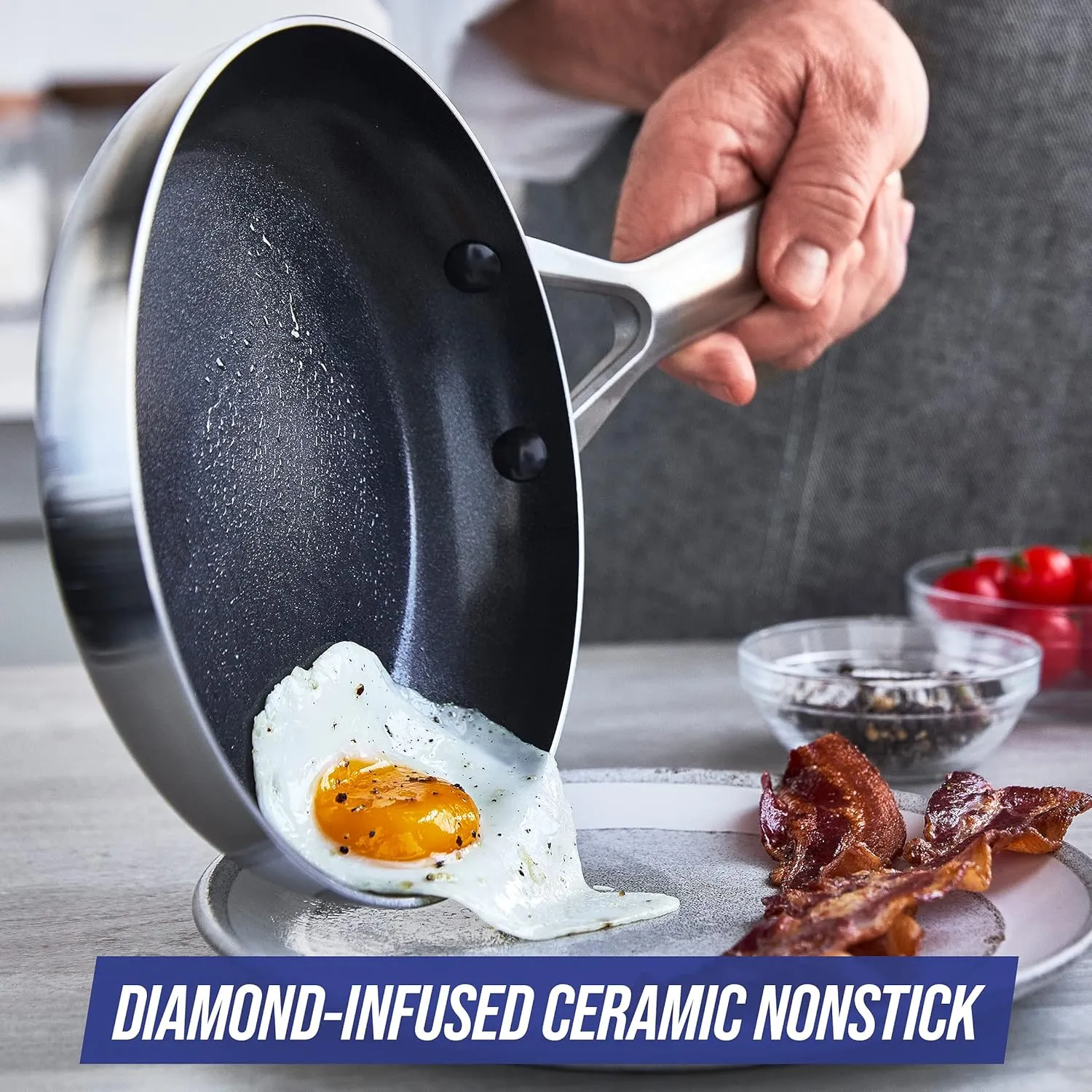 Blue Diamond Tri-Ply Stainless Steel Ceramic Nonstick Frying Pan Skillet, 8 Inch, PFOA-Free PFAS-Free, Multi Clad, Induction, Dishwasher Safe, Oven Safe, Healthy Cooking, Silver