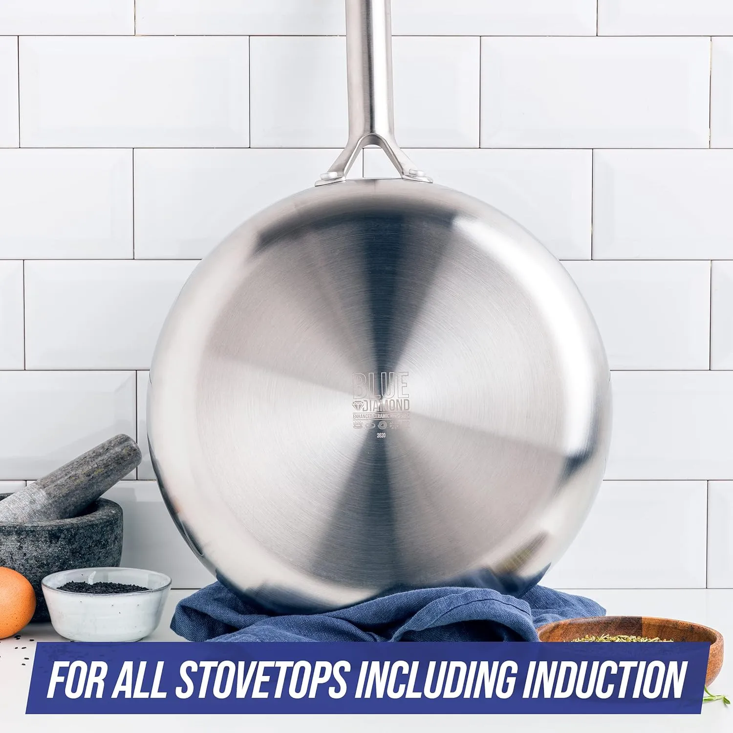 Blue Diamond Tri-Ply Stainless Steel Ceramic Nonstick Frying Pan Skillet, 8 Inch, PFOA-Free PFAS-Free, Multi Clad, Induction, Dishwasher Safe, Oven Safe, Healthy Cooking, Silver