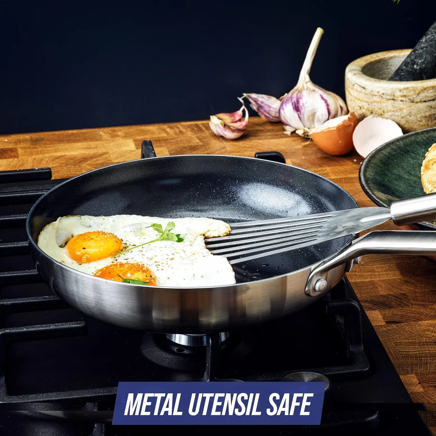 Blue Diamond Tri-Ply Stainless Steel Ceramic Nonstick Frying Pan Skillet, 8 Inch, PFOA-Free PFAS-Free, Multi Clad, Induction, Dishwasher Safe, Oven Safe, Healthy Cooking, Silver