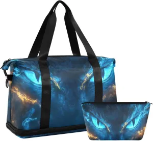 Blue Fire Dragon Eyes Gym Bag for Women Sport Travel Duffel Bag Shoulder Weekender Overnight Bags with Wet Pocket & Shoe Compartment