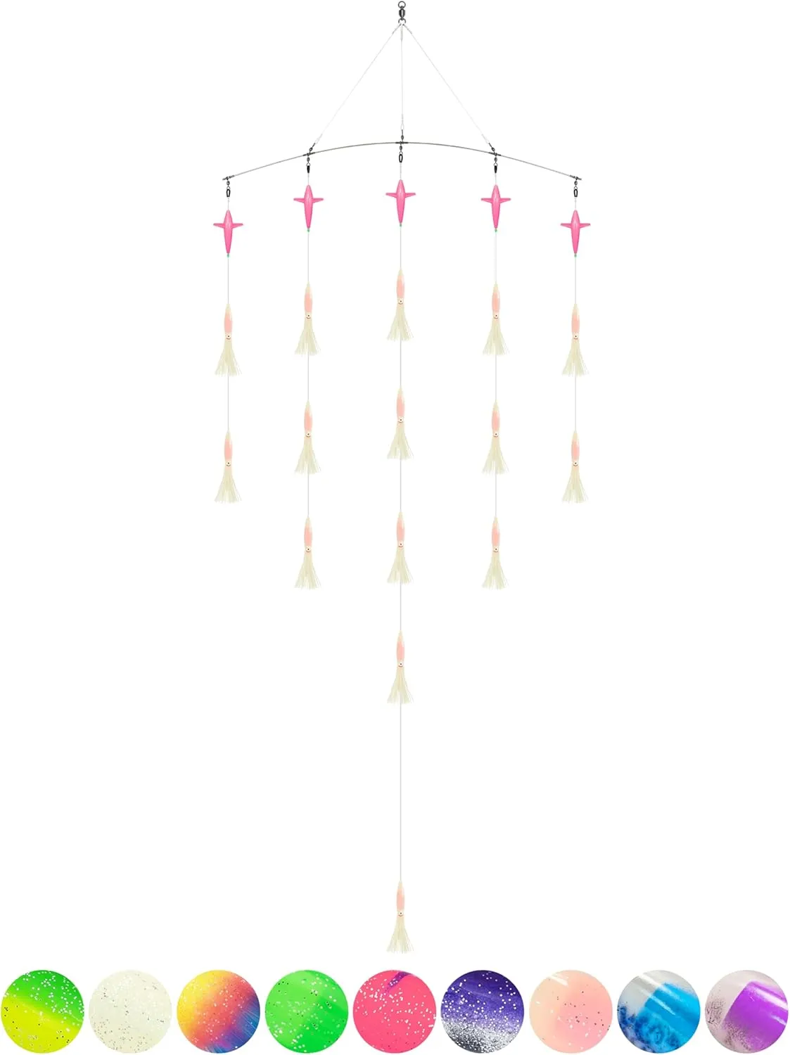 BLUEWING 18"/36" Fishing Spreader Bar Wave with 6in/9in Bulb Squids, 5.28in Trolling Birds and 316 Stainless Steel Rod Offshore Spreader Bar for Wahoo Tuna Marlin Mahi Mahi, Includes Mesh Bag