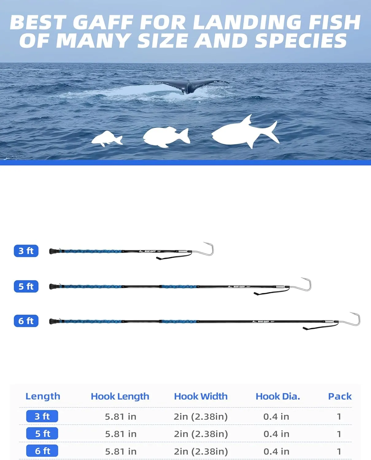BLUEWING Fishing Gaff Fiberglass/Carbon Fiber 3/4/5/6/8/10/12/14/16 ft Gaff Hook Saltwater Heavy Duty Gaffs with 2in/3in/4in Stainless Steel Hook Big Game Gaff for Tuna, Shark, Marlin Fishing