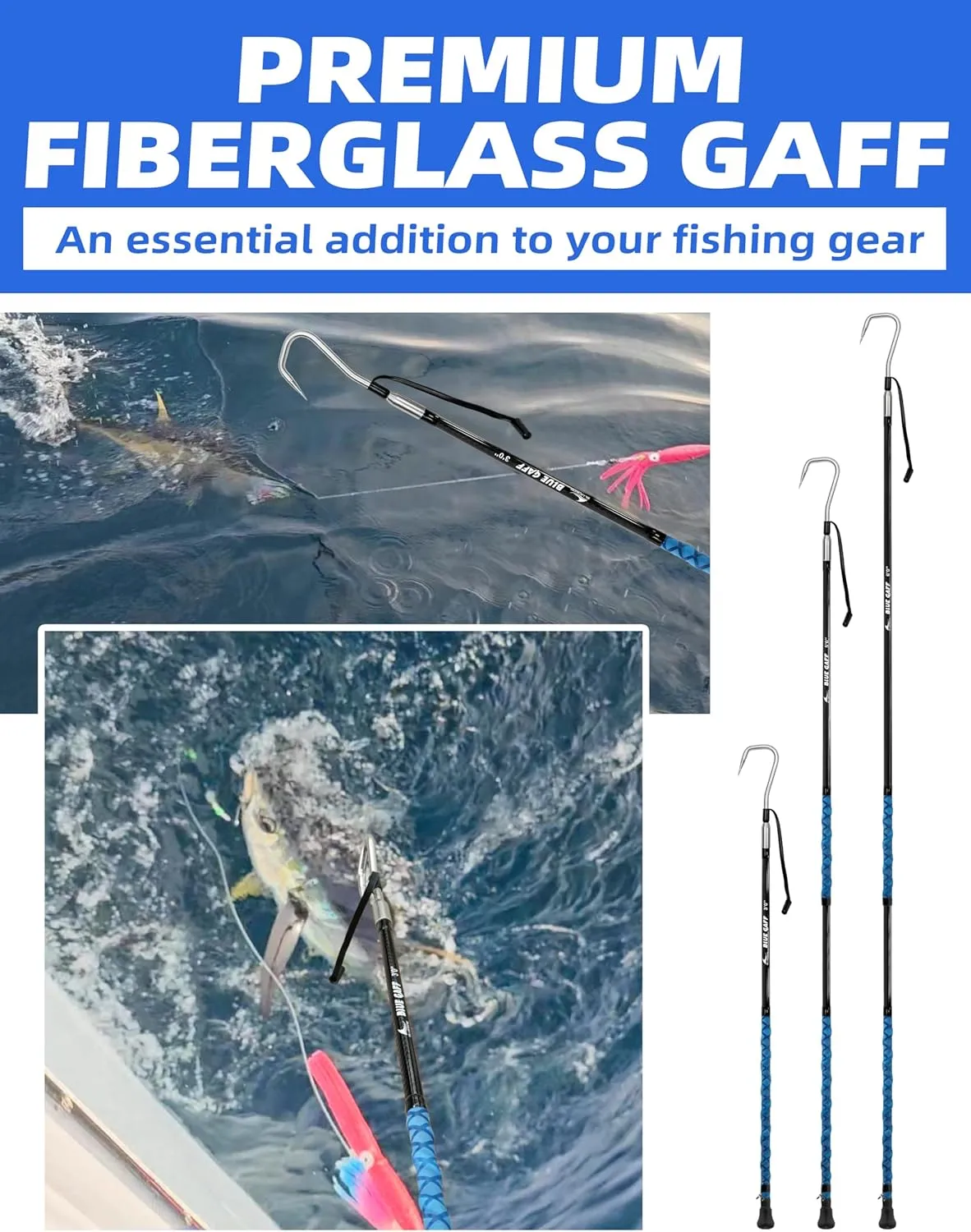 BLUEWING Fishing Gaff Fiberglass/Carbon Fiber 3/4/5/6/8/10/12/14/16 ft Gaff Hook Saltwater Heavy Duty Gaffs with 2in/3in/4in Stainless Steel Hook Big Game Gaff for Tuna, Shark, Marlin Fishing