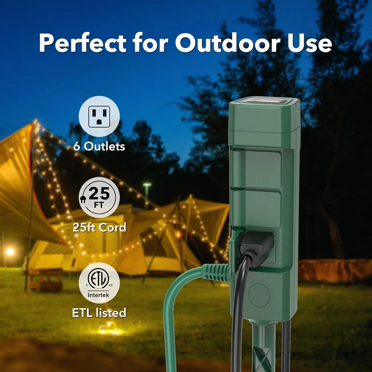 BN-LINK 25ft Outdoor Extension Cord with Power Stake, 6-Outlet Power Strip Weatherproof, 14/3 SJTW Heavy Duty Power Cord, 15A/1875W for Backyard, Garden, Pool & Camping