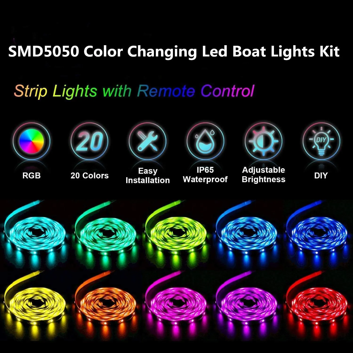 Boat Led Strip Lights, 16.4FT Marine Pontoon Boat Lights, Waterproof Boats Deck Light, Multi-Color Boats Interior Deck Cabin Light for Pontoon Jon Bass Yacht, Night Fishing Lighting