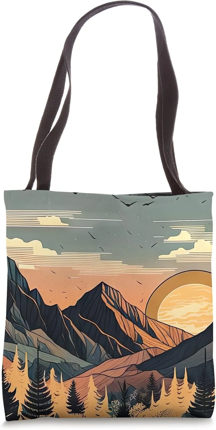 Boho Chic Floral Moon Mountain Forest Nature Retro Flower Tote Bag