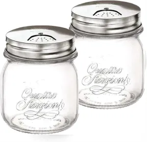 Bormioli Rocco Quattro Stagioni Spice Jar Set - 8.5 Oz, Durable Glass Mason Jars with Multi-Function Rotatable Lids, Stainless Steel Tops for Salt & Pepper - Made in Italy, Glass Spice Jars