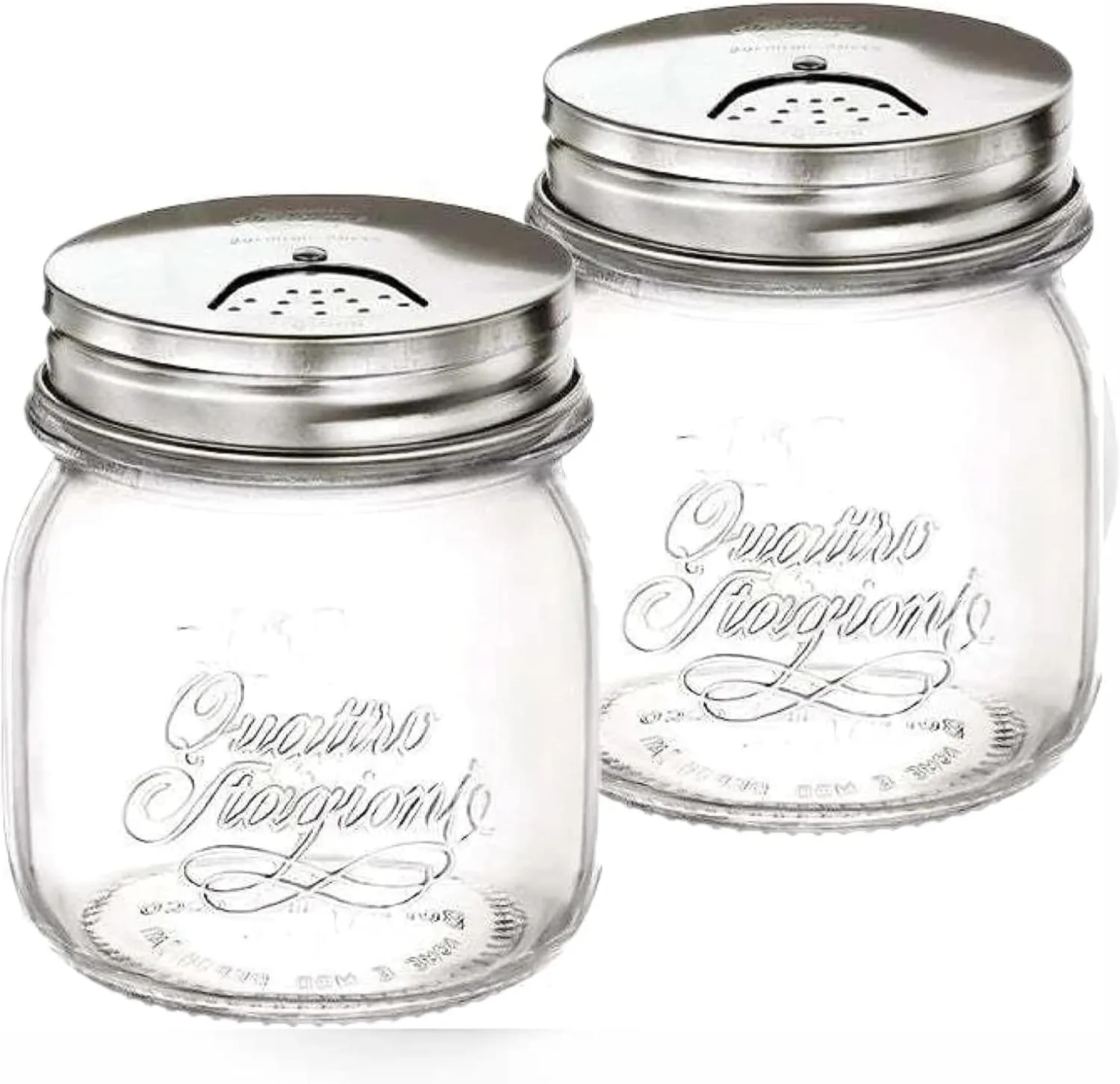 Bormioli Rocco Quattro Stagioni Spice Jar Set - 8.5 Oz, Durable Glass Mason Jars with Multi-Function Rotatable Lids, Stainless Steel Tops for Salt & Pepper - Made in Italy, Glass Spice Jars