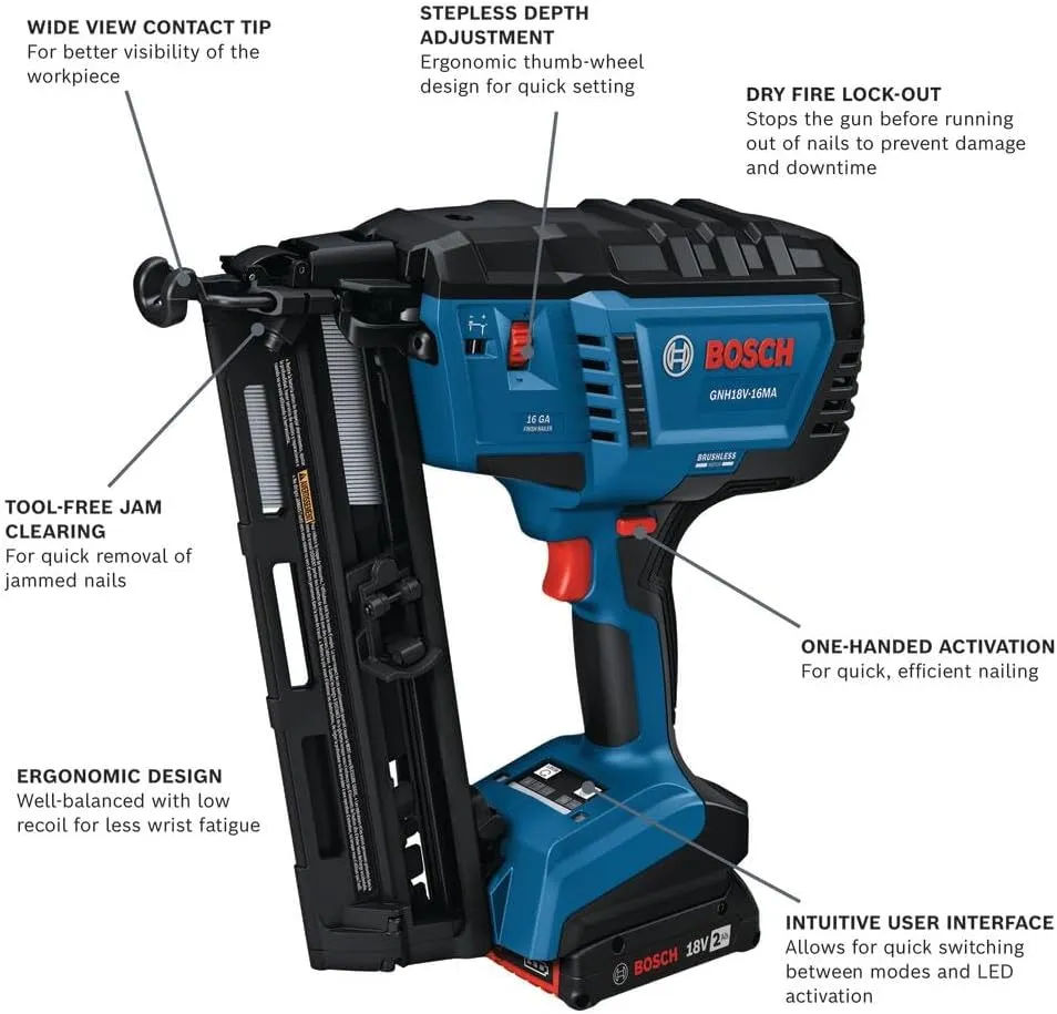 BOSCH GNH18V-15MAN 18V Brushless 15-Gauge Angled Finish Nailer - Precision for Tight Spaces, Fastens up to 1,200 Nails per Charge, One-Handed Activation, Tool-Free Jam Clearing, Belt Hook (Bare Tool)