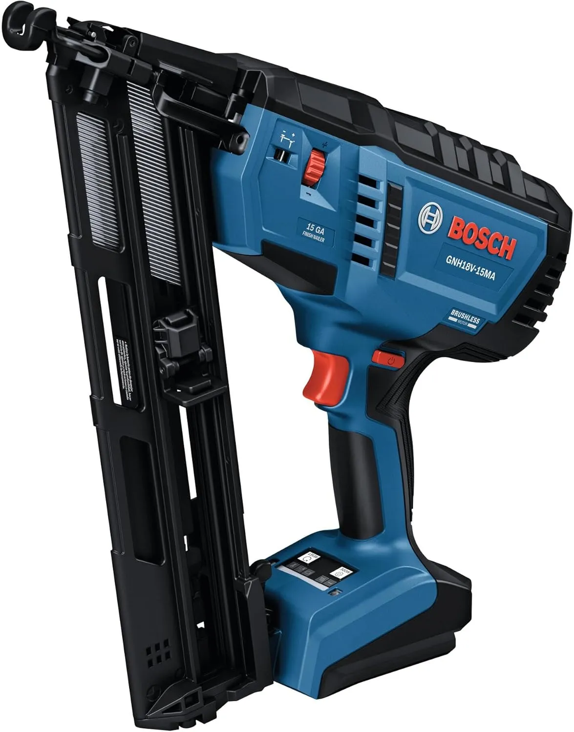 BOSCH GNH18V-15MAN 18V Brushless 15-Gauge Angled Finish Nailer - Precision for Tight Spaces, Fastens up to 1,200 Nails per Charge, One-Handed Activation, Tool-Free Jam Clearing, Belt Hook (Bare Tool)