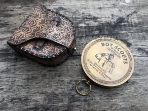 BOY Scouts Nautical Antique Brass Working Compass with Leather Craving Anchor Mark Case Maritime Nautical Pocket Compass Gift