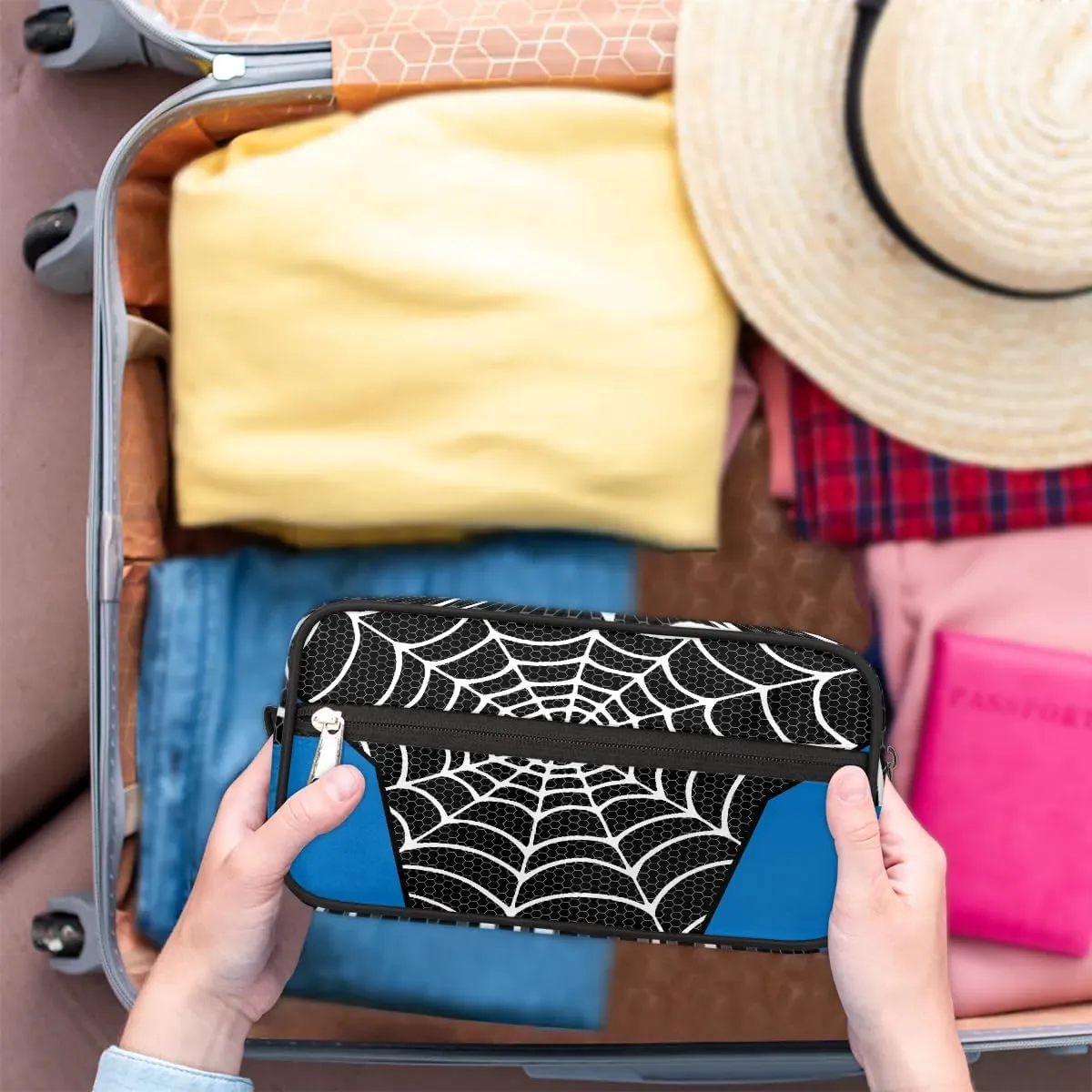 Boys Travel Toiletry Bag, Kids Waterproof Hanging Dopp Kit Black Spider Web Wash Bag with Large Capacity for Travel, Sports