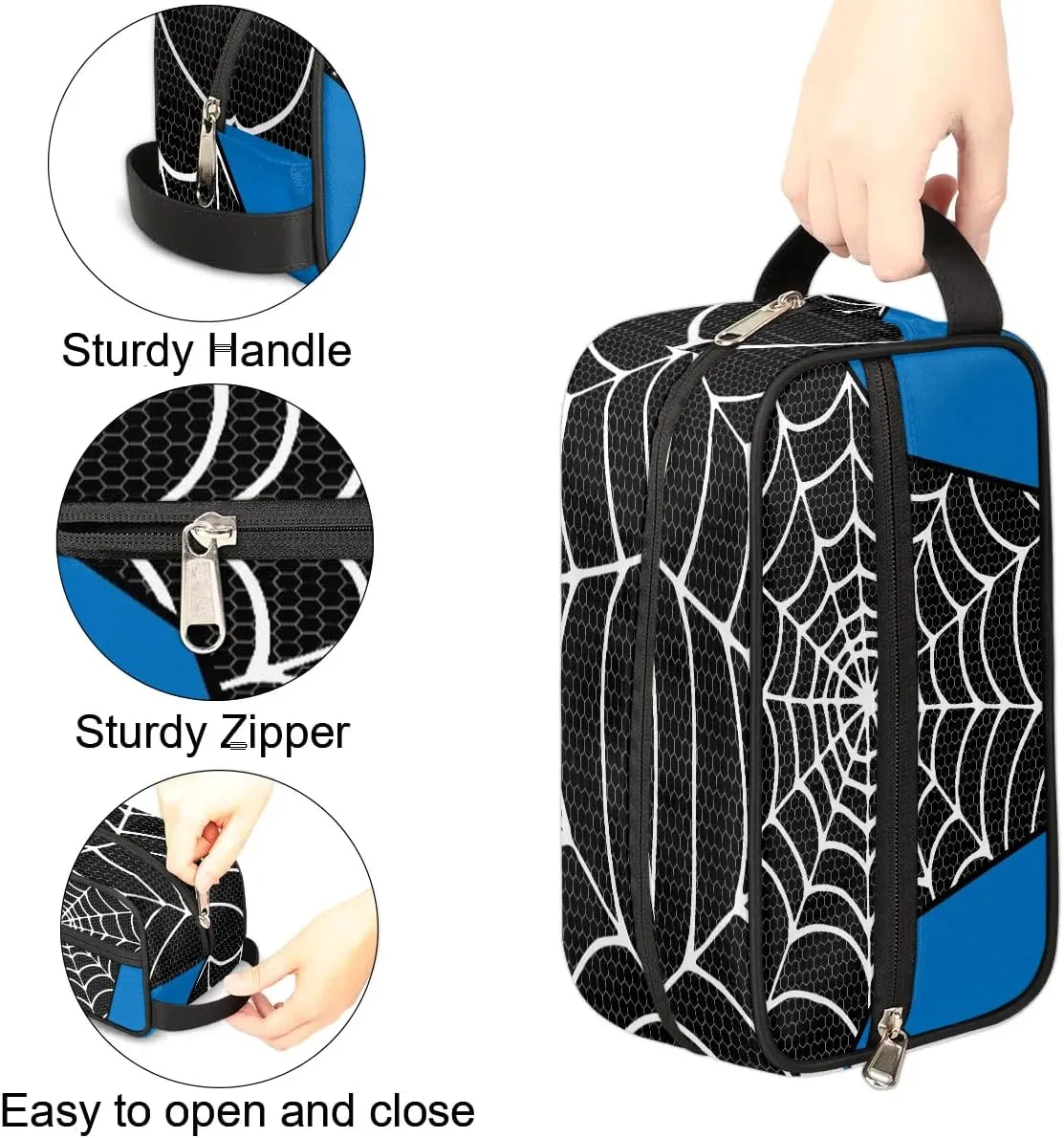 Boys Travel Toiletry Bag, Kids Waterproof Hanging Dopp Kit Black Spider Web Wash Bag with Large Capacity for Travel, Sports