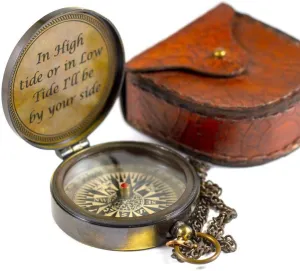 Brass 2.75" Pocket Magnetic Compass with Chain Nautical Boat Decor Antique Steampunk Style Engraved Gifts Directional Pirate Hiking Travel Camping Compass