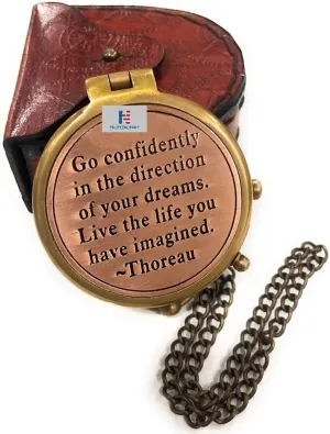 Brass Compass Thoreau's Go Confidently Quote Engraved with Stamped Leather case for Working Compass, Anniversary, Birthday, Love, Sorry, Valentines Day, Keepsakes, Old Memories, Love momentos