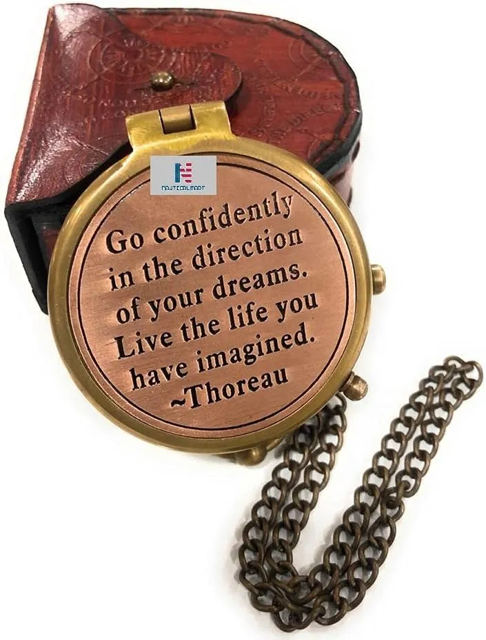 Brass Compass Thoreau's Go Confidently Quote Engraved with Stamped Leather case for Working Compass, Anniversary, Birthday, Love, Sorry, Valentines Day, Keepsakes, Old Memories, Love momentos