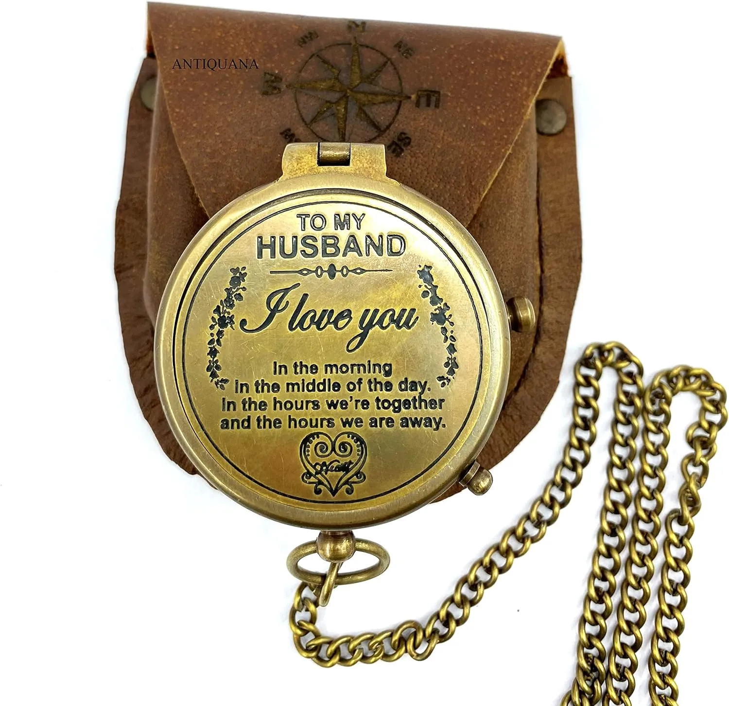 Brass Compass Unique Print To My Husband Compass With Leather Case Antique Brass Compass With Chain A Great Gift Item For Your Loved Ones Hikers And Traveler By