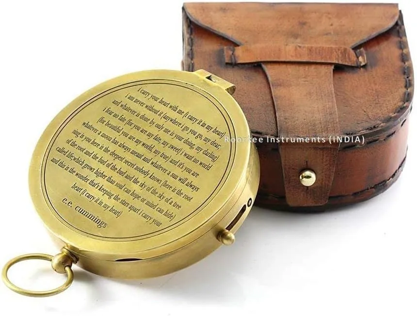 Brass Compass with Handmade Leather Case/E.E. Cummings Directional Magnetic Compass for Navigation/Push Button Pocket Compass for Camping, Hiking, Touring