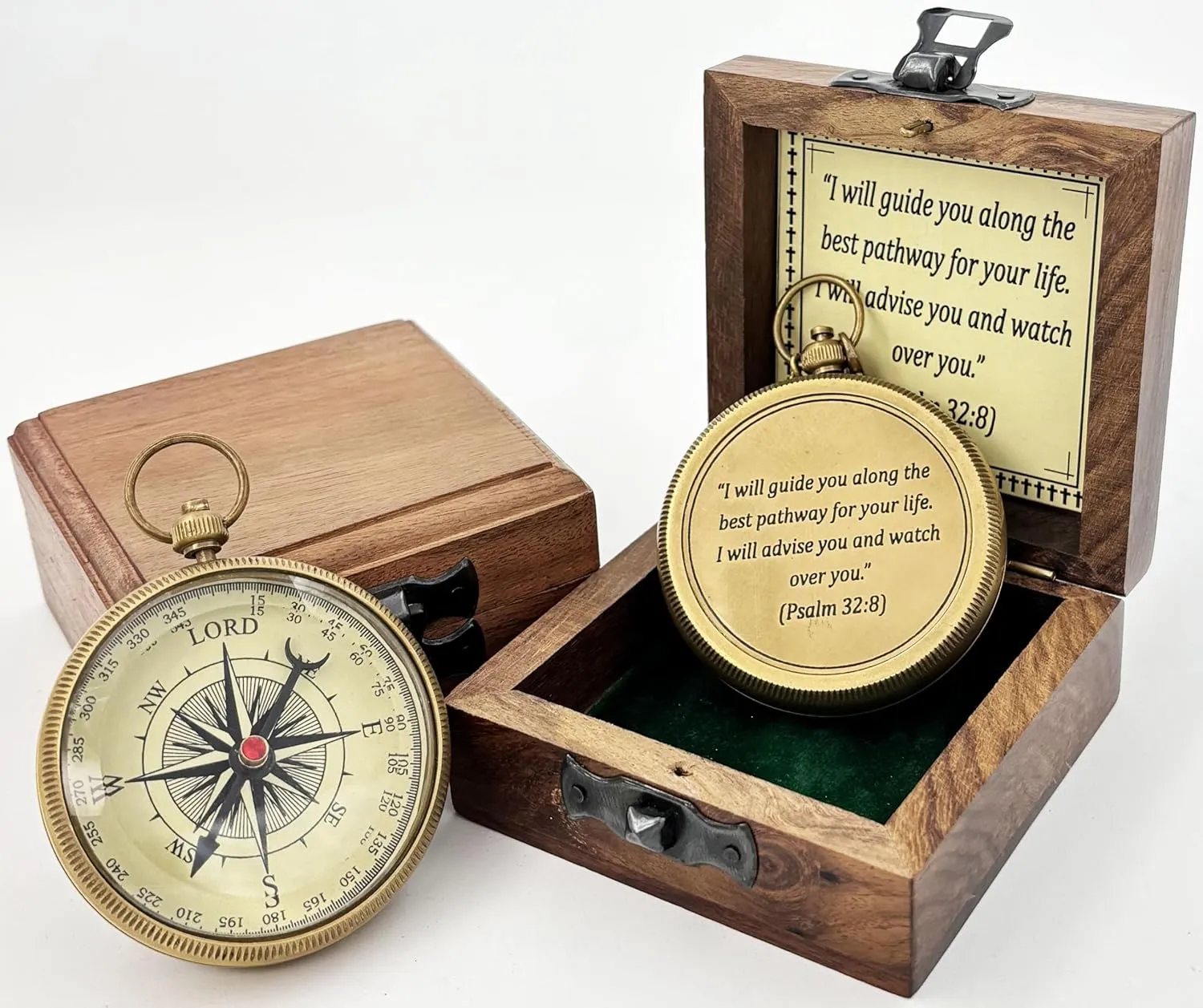 Brass Engraved Compass for Navigation, Portable Compass for Hiking with Wooden Box, Antique Compass for Camping Survival, Birthday Gift for Men, Son