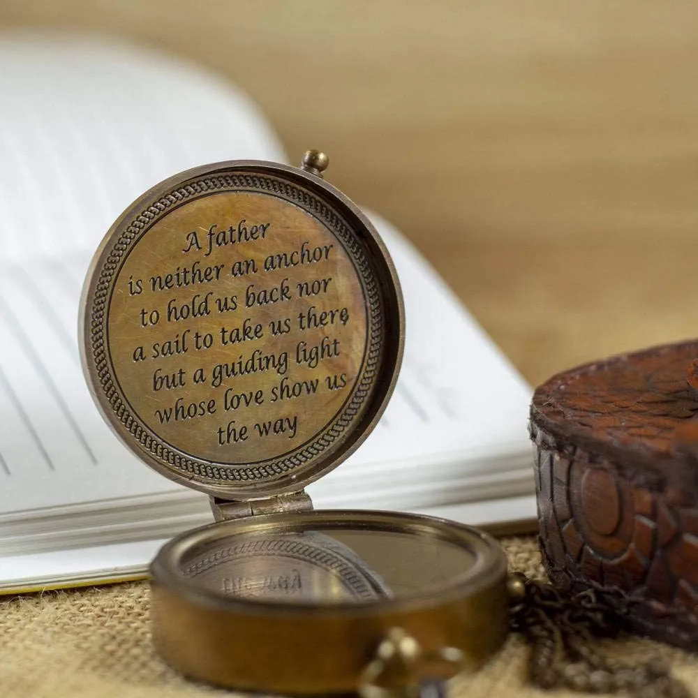 Brass Pocket Magnetic Compass with Chain for Him Ideas Nautical Decor Antique Style Engraved Gifts Directional Pirate Father Gift with case