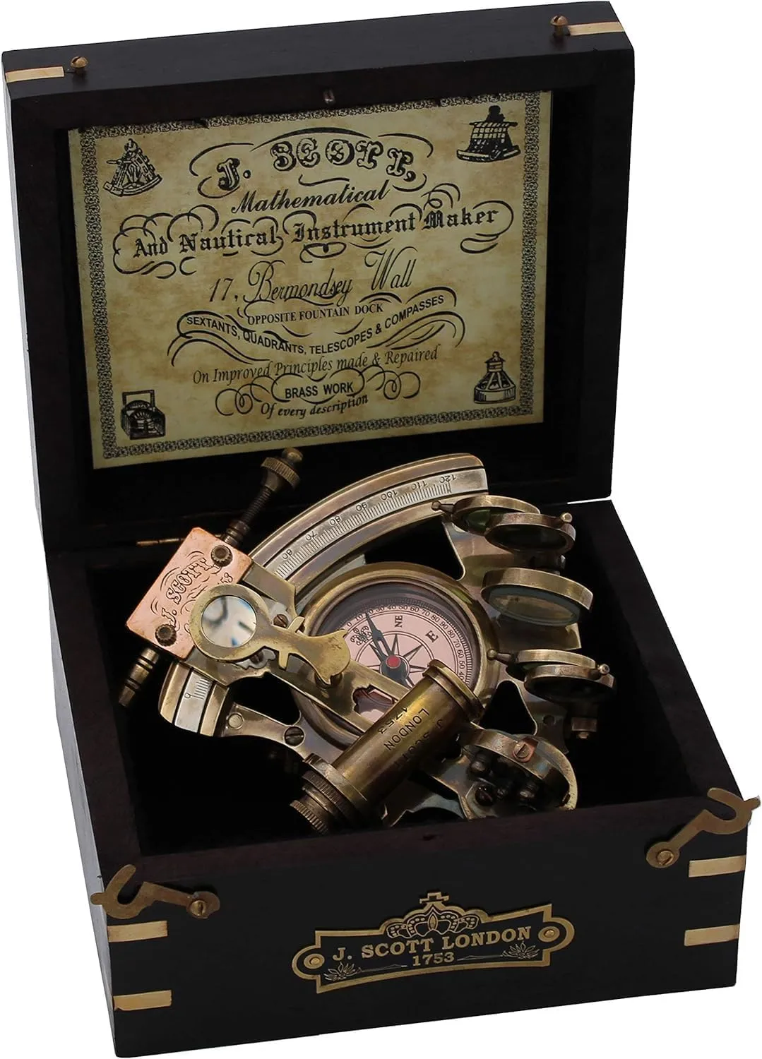 Brass Sextant Navigation Tool with Compass and Hardwood Box, Handmade Astrolabe