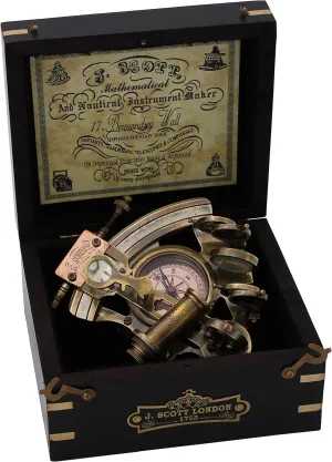 Brass Sextant Navigation Tool with Compass and Hardwood Box, Handmade Astrolabe