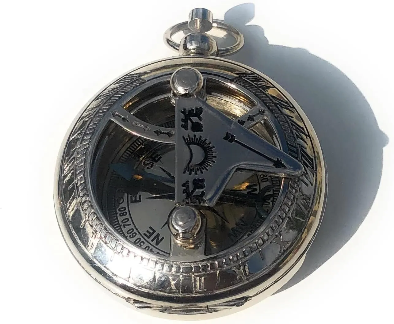 Brass Sundial Compass with Chain & Velour Bag - Vintage Nautical Gift of Elegance with Sundial Marine Nautical - Sun Clock - Steampunk Accessory