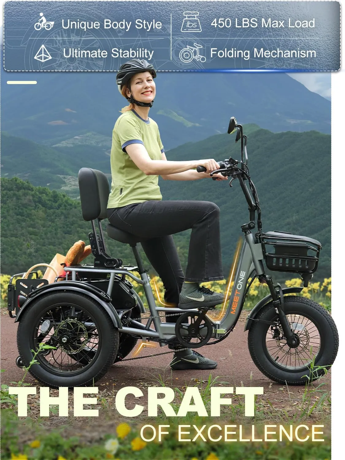 Breeze Folding Electric Tricycle for Adults, 1000W 48V 15AH, 18‘’×4'' Fat Tire Electric Trike, 20MPH 80Miles E-trike, 3 Wheel Electric Bike, Reverse & Parking, 450lbs Load (with Upgraded Parts)