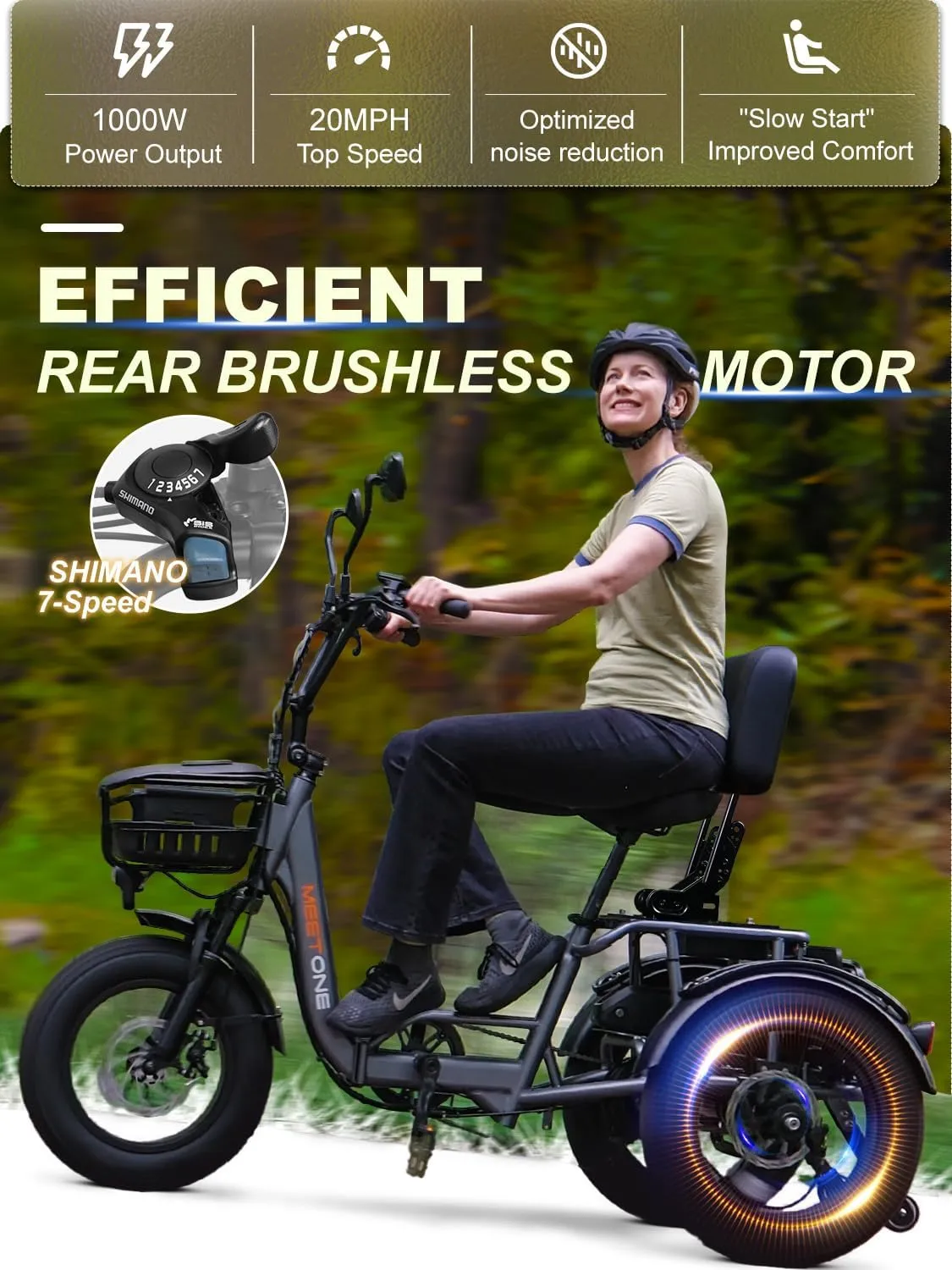 Breeze Folding Electric Tricycle for Adults, 1000W 48V 15AH, 18‘’×4'' Fat Tire Electric Trike, 20MPH 80Miles E-trike, 3 Wheel Electric Bike, Reverse & Parking, 450lbs Load (with Upgraded Parts)