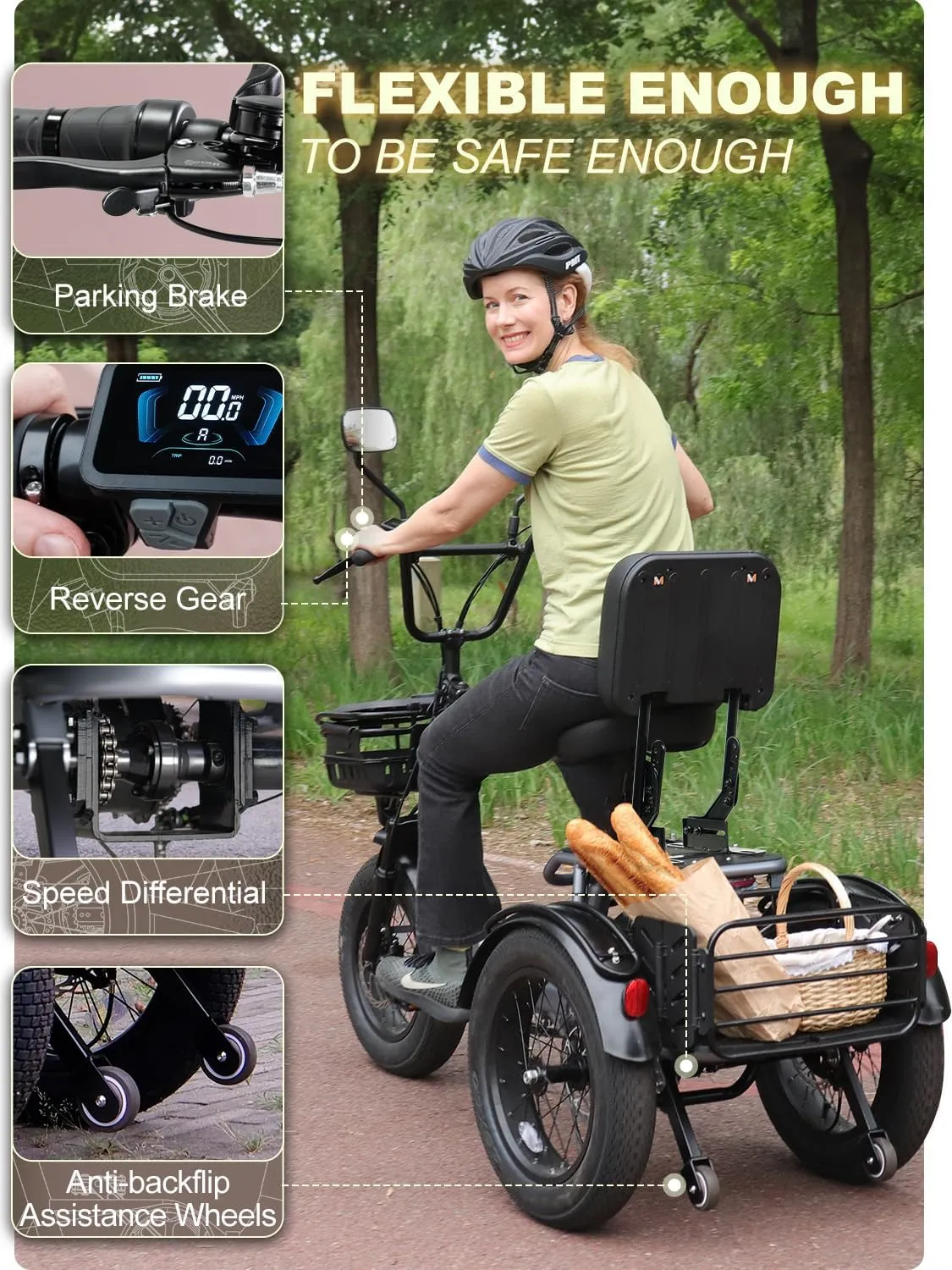 Breeze Folding Electric Tricycle for Adults, 1000W 48V 15AH, 18‘’×4'' Fat Tire Electric Trike, 20MPH 80Miles E-trike, 3 Wheel Electric Bike, Reverse & Parking, 450lbs Load (with Upgraded Parts)