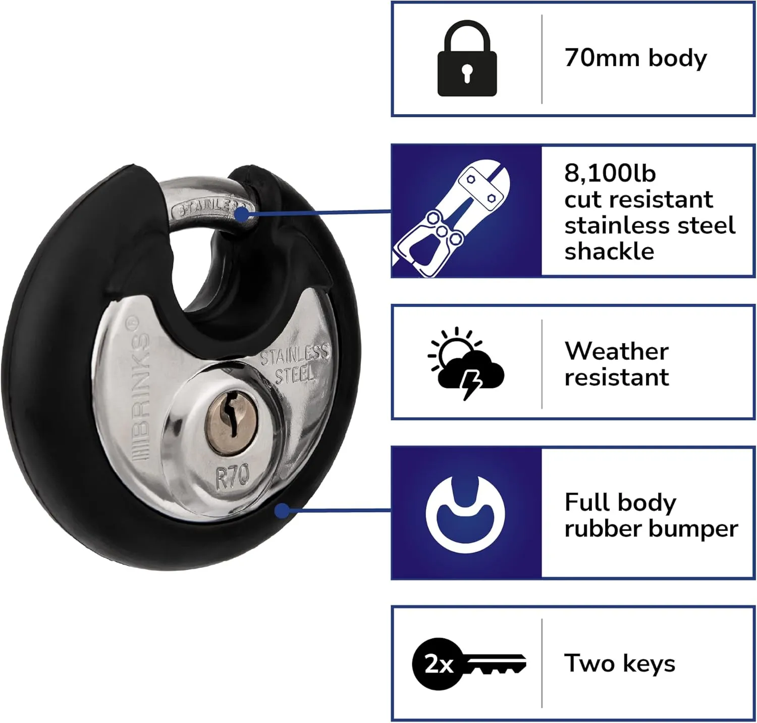 BRINKS Heavy Duty Padlock with Key - 70mm Discus Keyed Lock for Storage Shed, Garage, Storage Lockers, Sliding Doors, Tool Box, and Cabinets